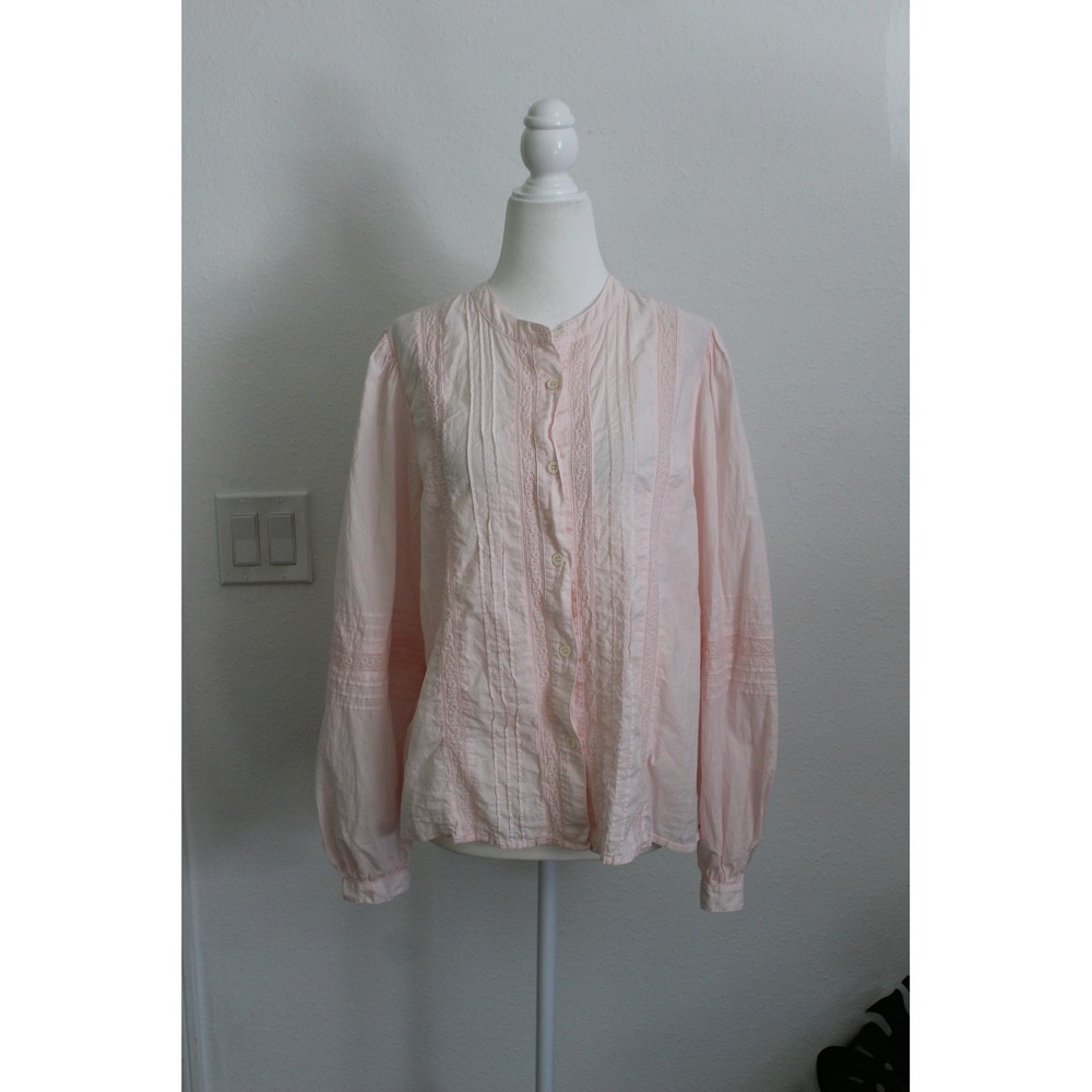 Xirena Light Pink Cotton Pintuck Eyelet Lace Button Front Blouse Small Prairie
